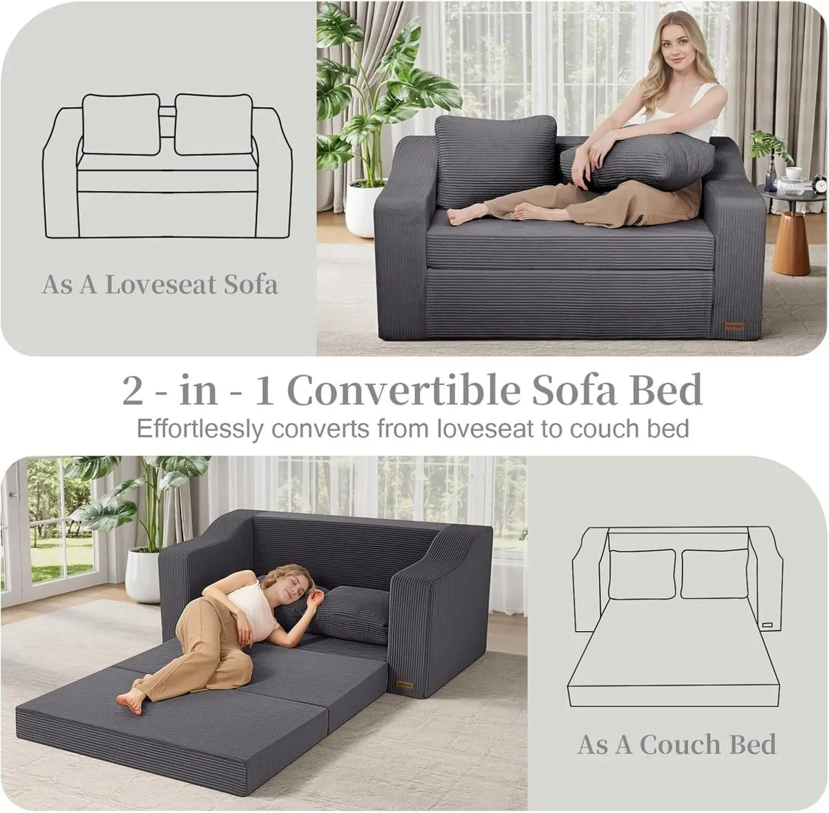 Convertible Sofa Bed Corduroy Foldable Floor - Image 4