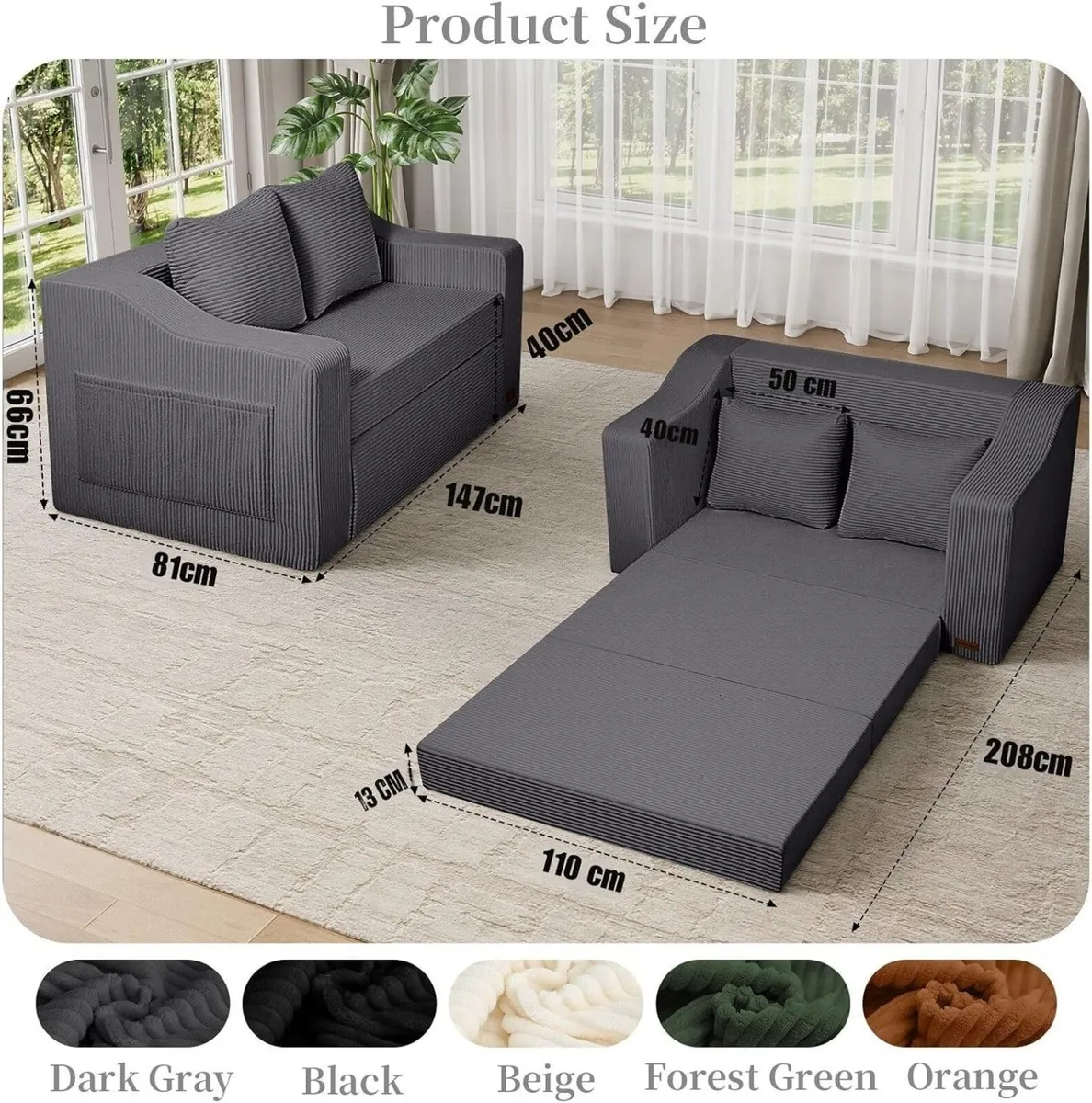 Convertible Sofa Bed Corduroy Foldable Floor - Image 2