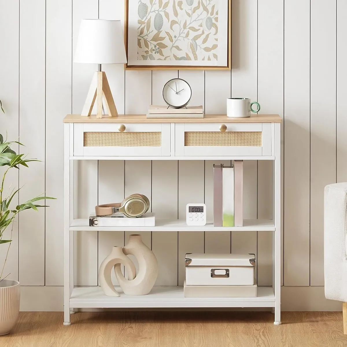 Rattan-Like White Console Table 3-Tier Hallway - Image 2