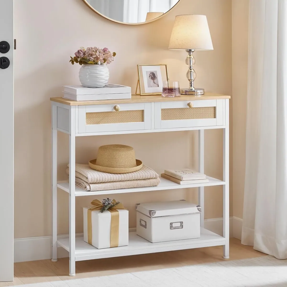 Rattan-Like White Console Table 3-Tier Hallway - Image 4