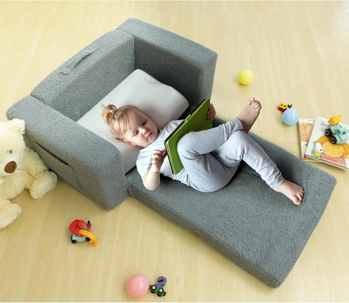 Kids Sofa Bed 2-in-1 Fold Out Cuddly Teddy Fur - Image 4