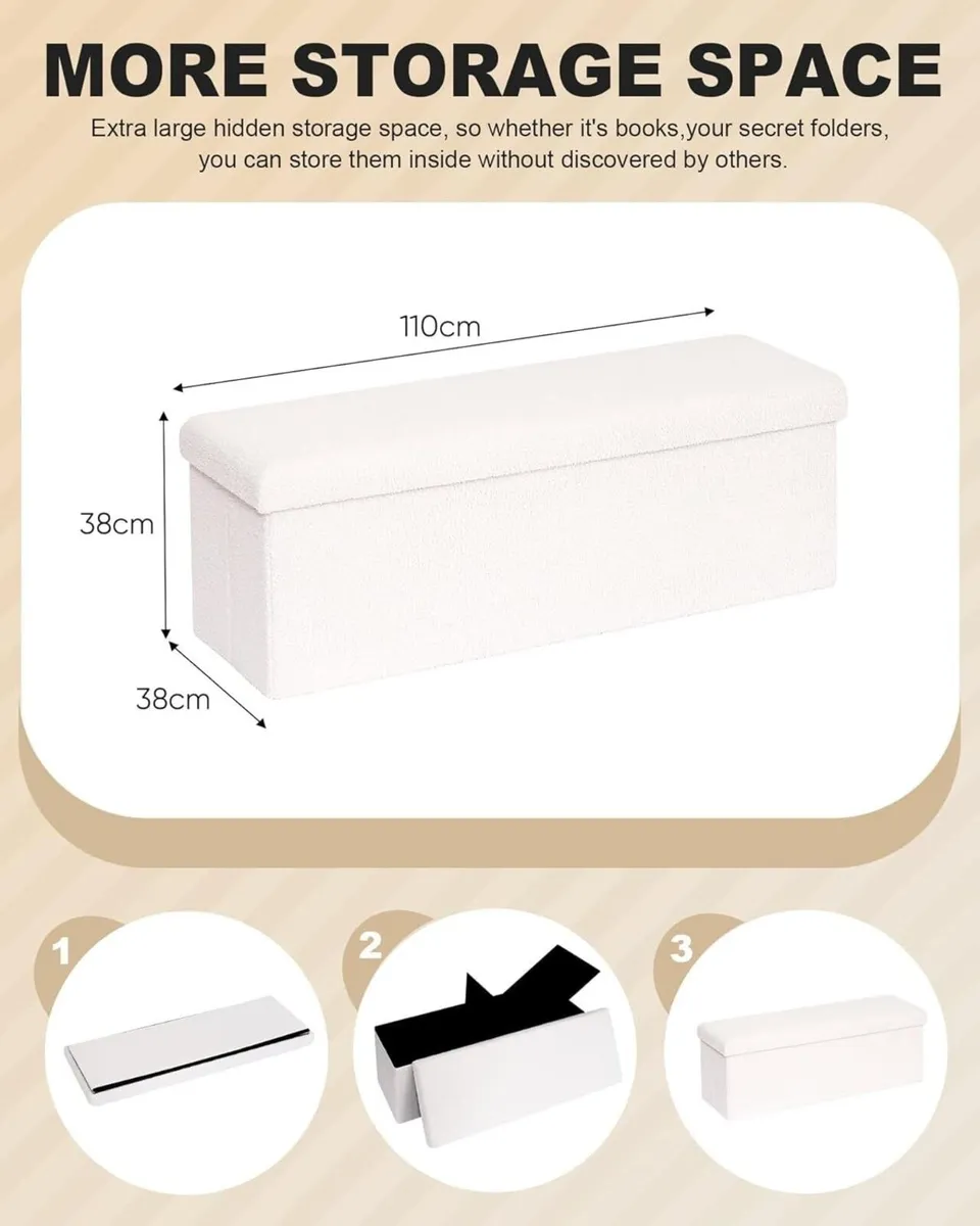 Folding Ottoman Storage Bench Boucle Footstool - Image 3