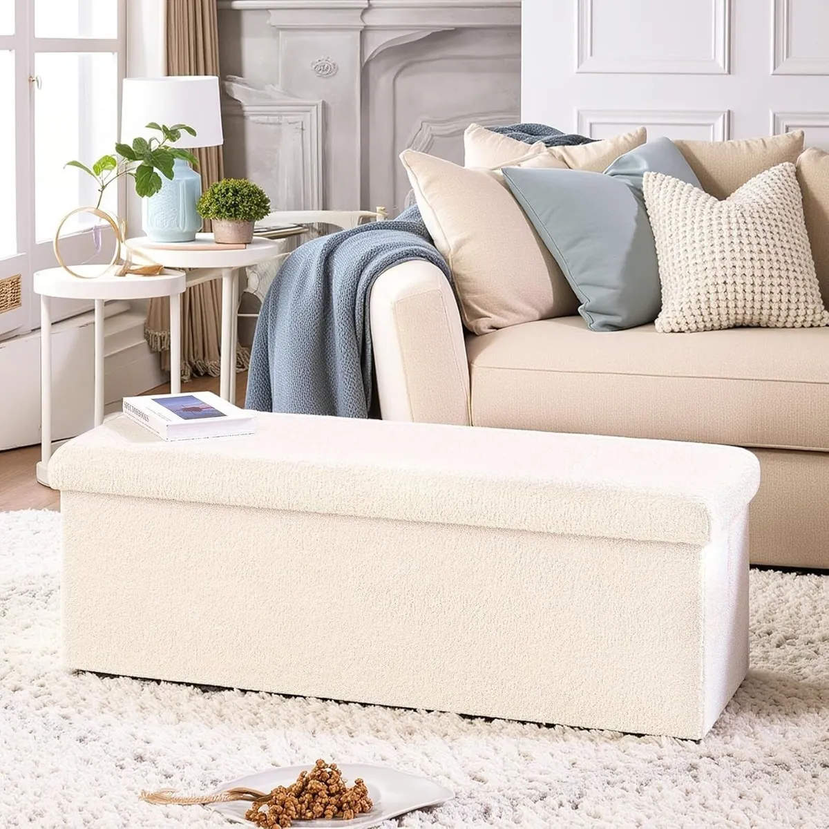 Folding Ottoman Storage Bench Boucle Footstool - Image 2