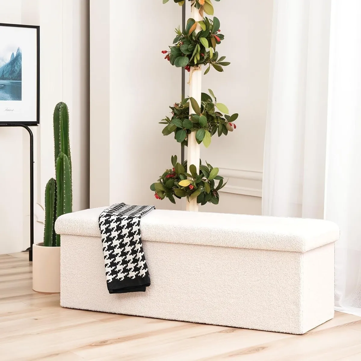 Folding Ottoman Storage Bench Boucle Footstool - Image 4