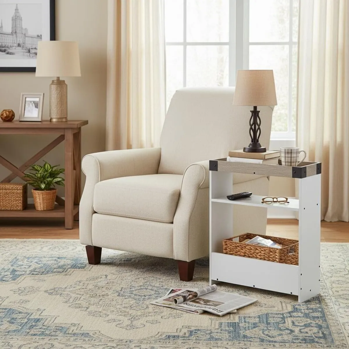 Farmhouse Narrow Side Table with Magazine Rack - Image 2