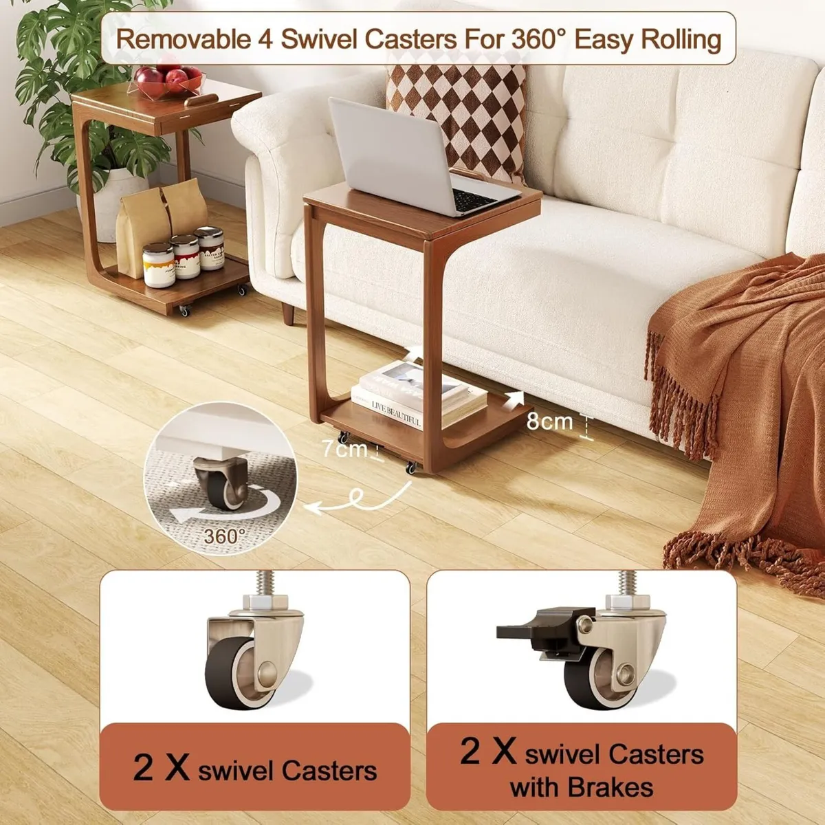 C-Shaped Side Table Wood Bedside Sofa with Wheels - Image 3