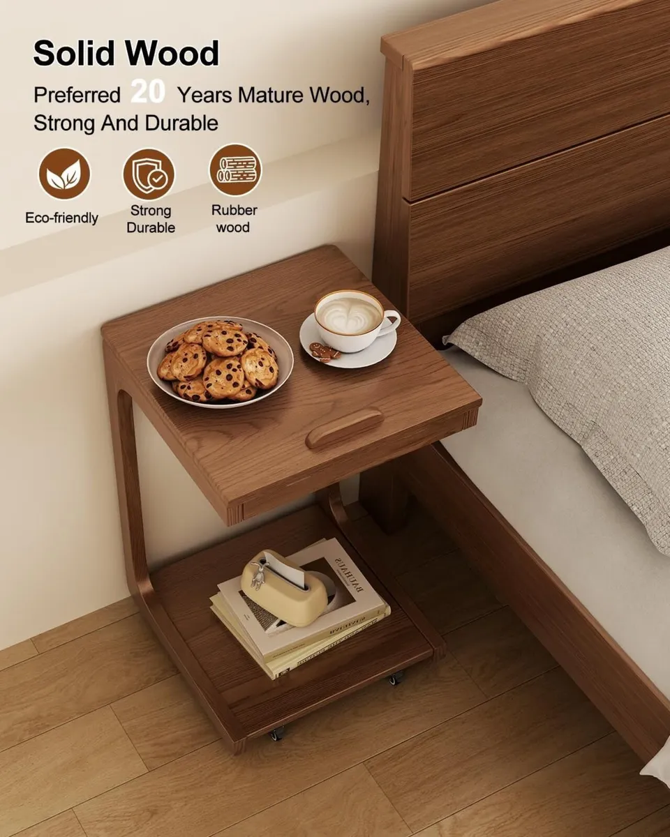 C-Shaped Side Table Wood Bedside Sofa with Wheels - Image 4