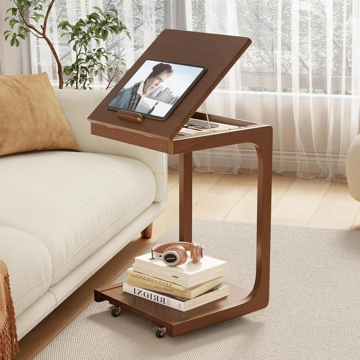 C-Shaped Side Table Wood Bedside Sofa with Wheels - Image 1