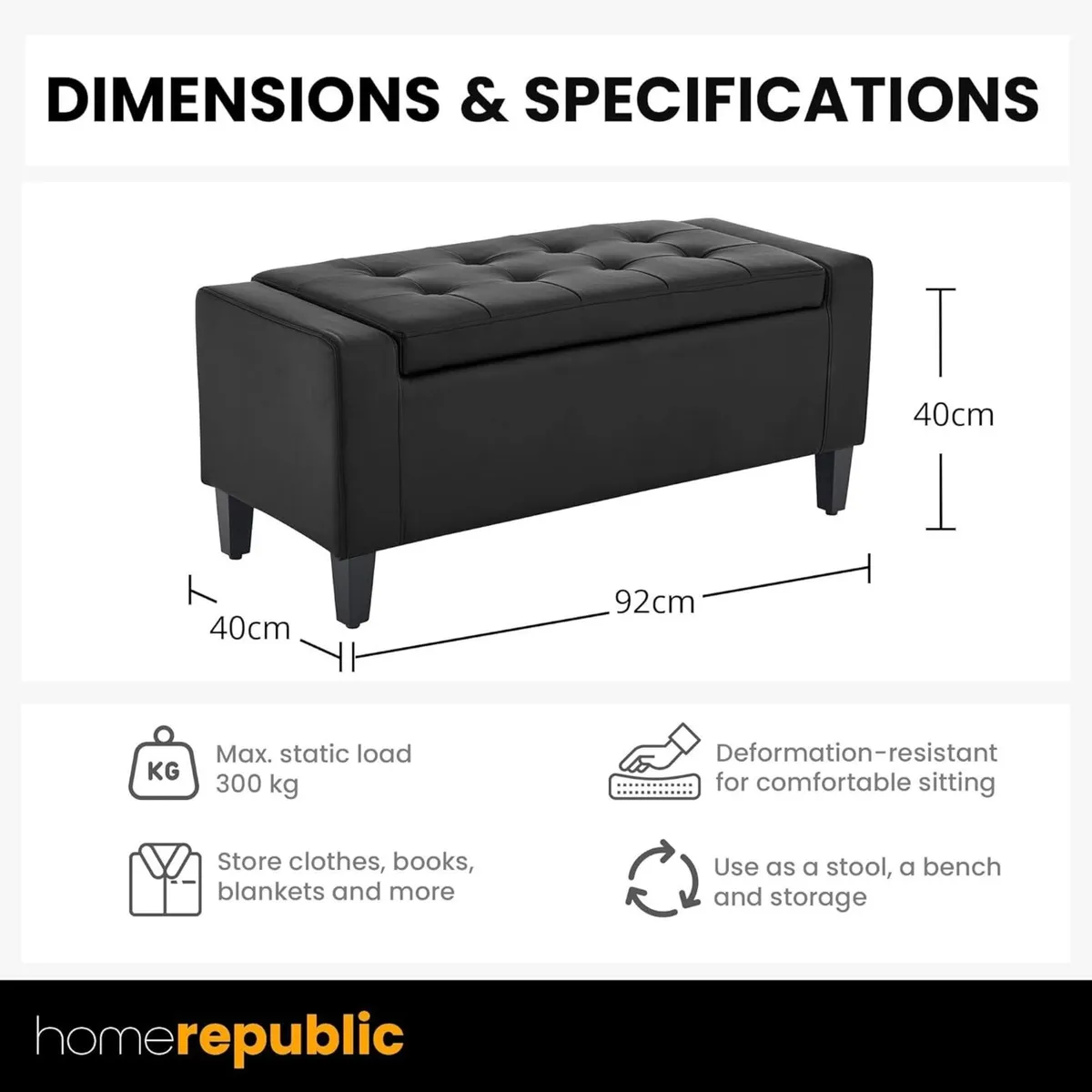 Padded Storage Ottoman Bench 92x40cms 2 seater - Image 3