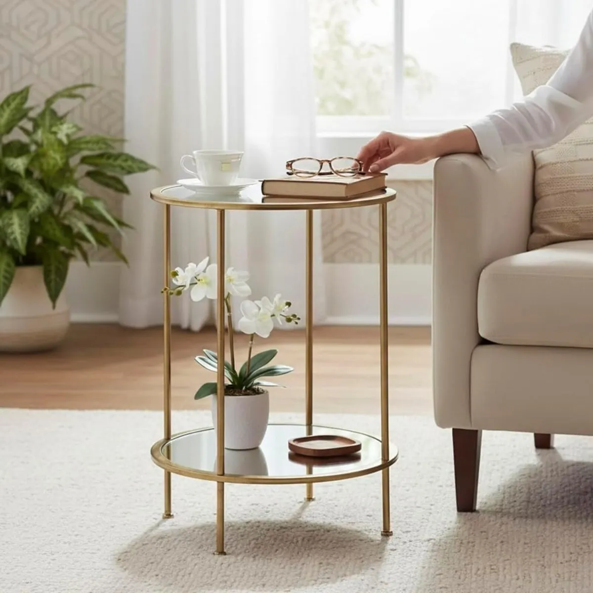 Möbel End Table Gold Metal Tempered Glass Mirror - Image 2