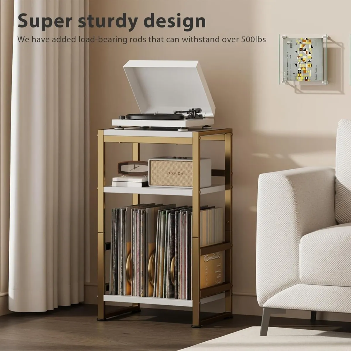 Vinyl Record Player Stand 3-Tier End Table with - Image 4