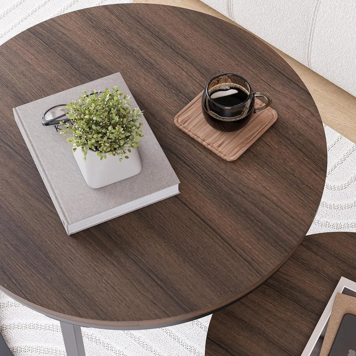 Round Nesting Coffee Table Set of 2 Stacking Sofa - Image 3