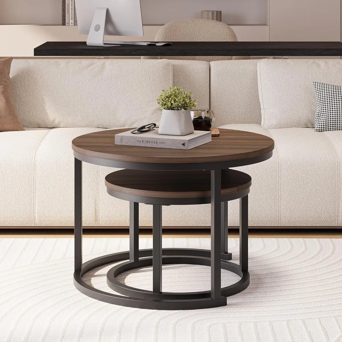Round Nesting Coffee Table Set of 2 Stacking Sofa - Image 4