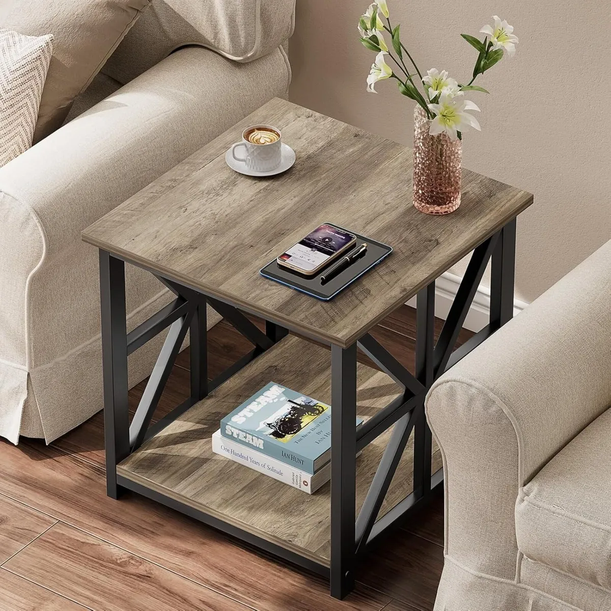 Side Table 50cm End with 2-Tier Storage Shelf - Image 2