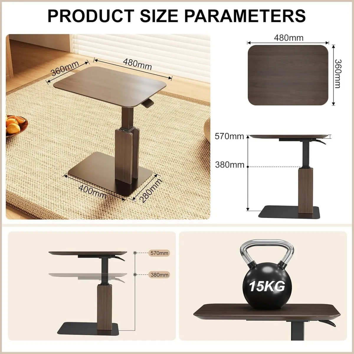 Height Adjustable Low Side Table 38-57cm Gas - Image 2