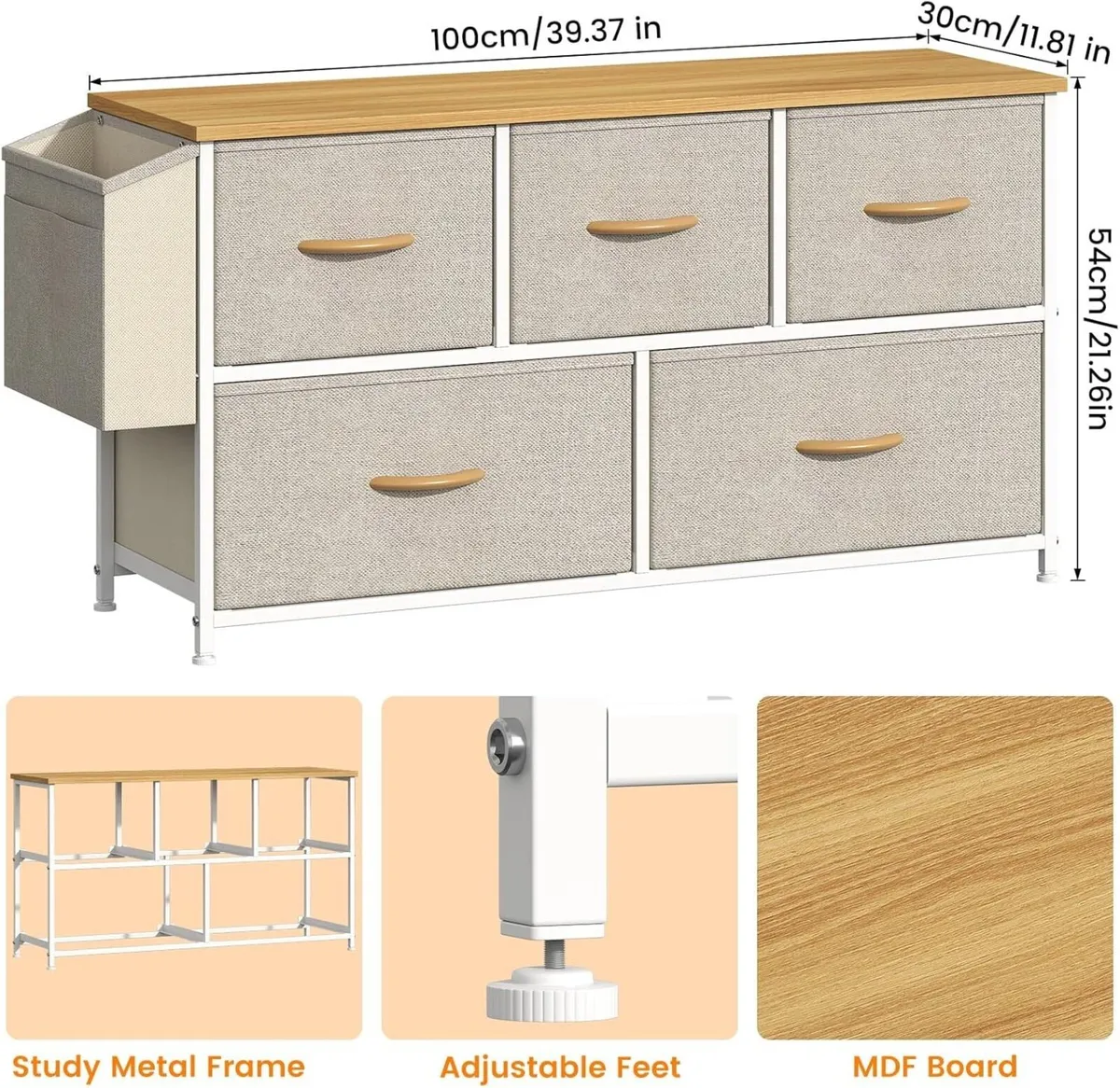 Fabric 5 Drawer Storage Cabinet with Side Pocket - Image 2