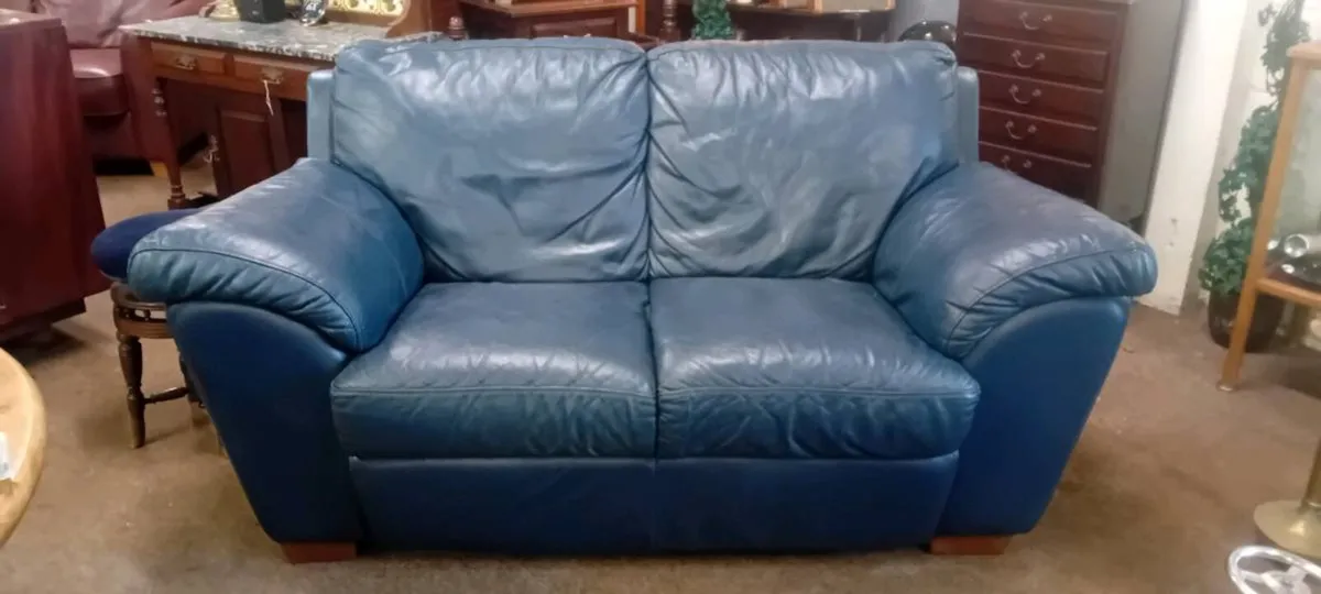 Navy Leather Two Seat Sofa