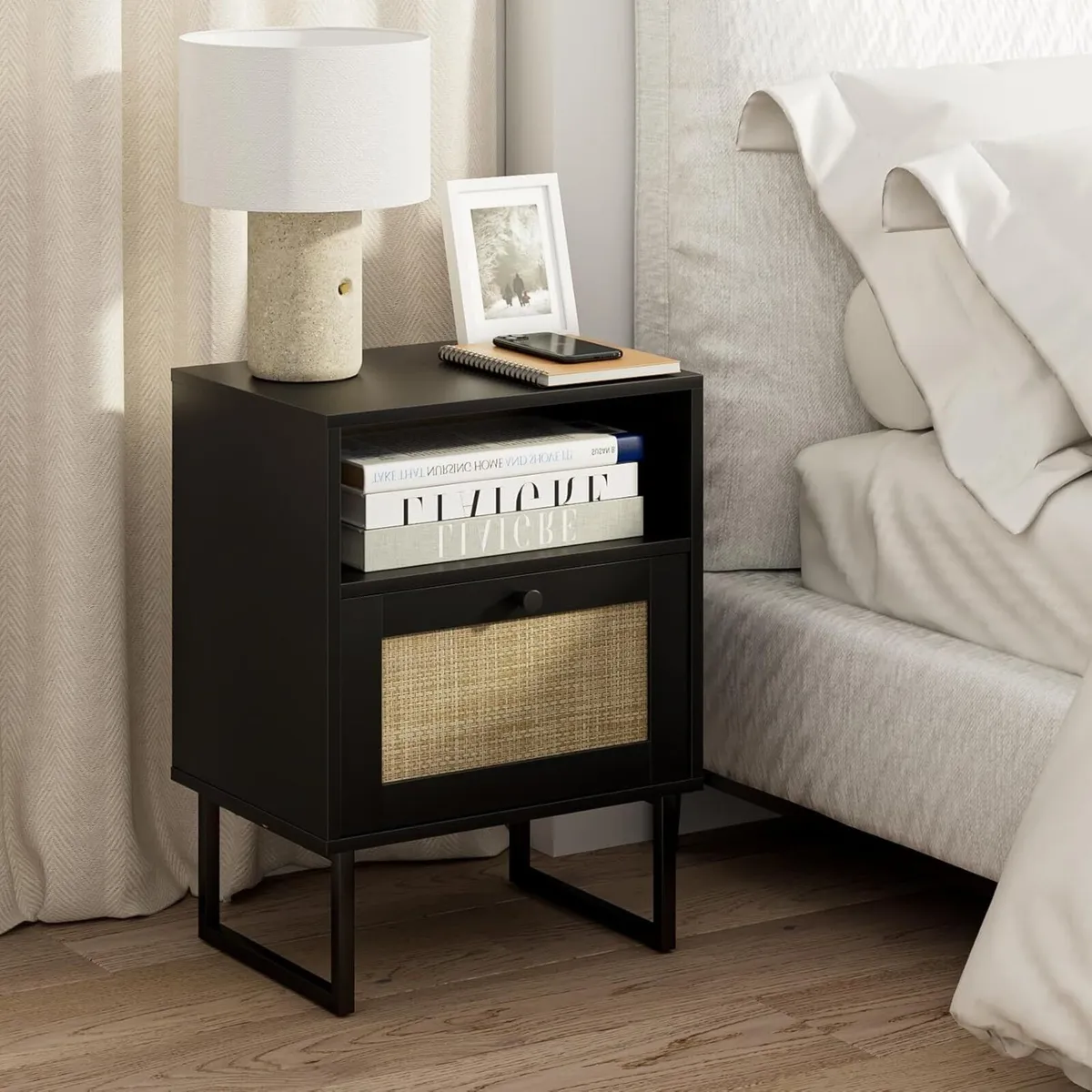 Rattan Bedside Table Modern Boho Farmhouse Wood - Image 1