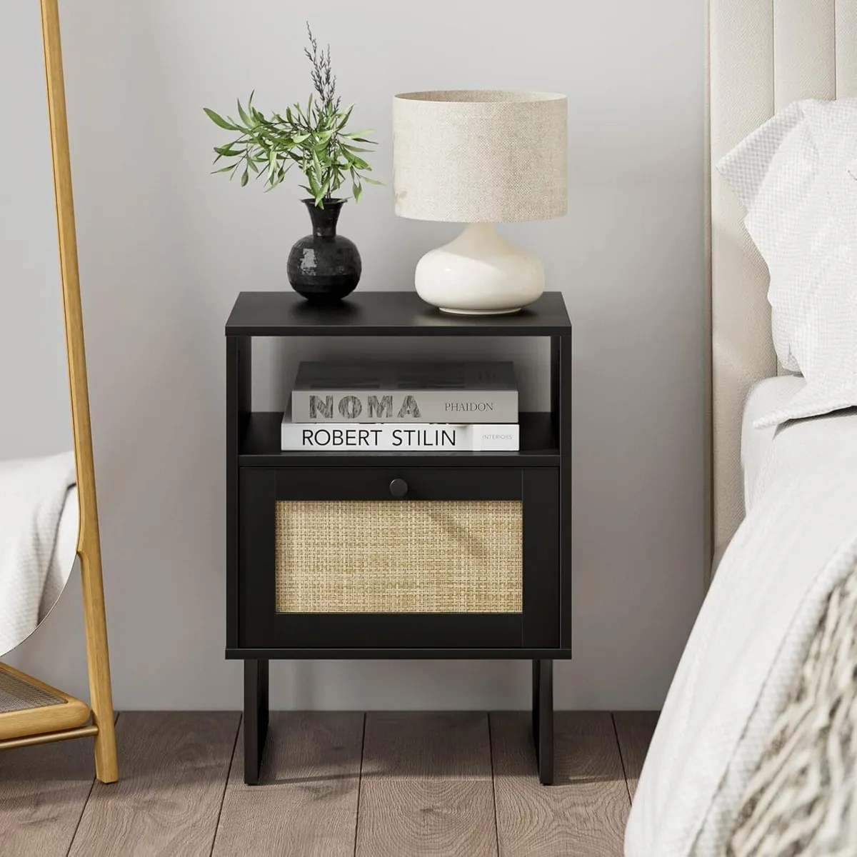 Rattan Bedside Table Modern Boho Farmhouse Wood - Image 3