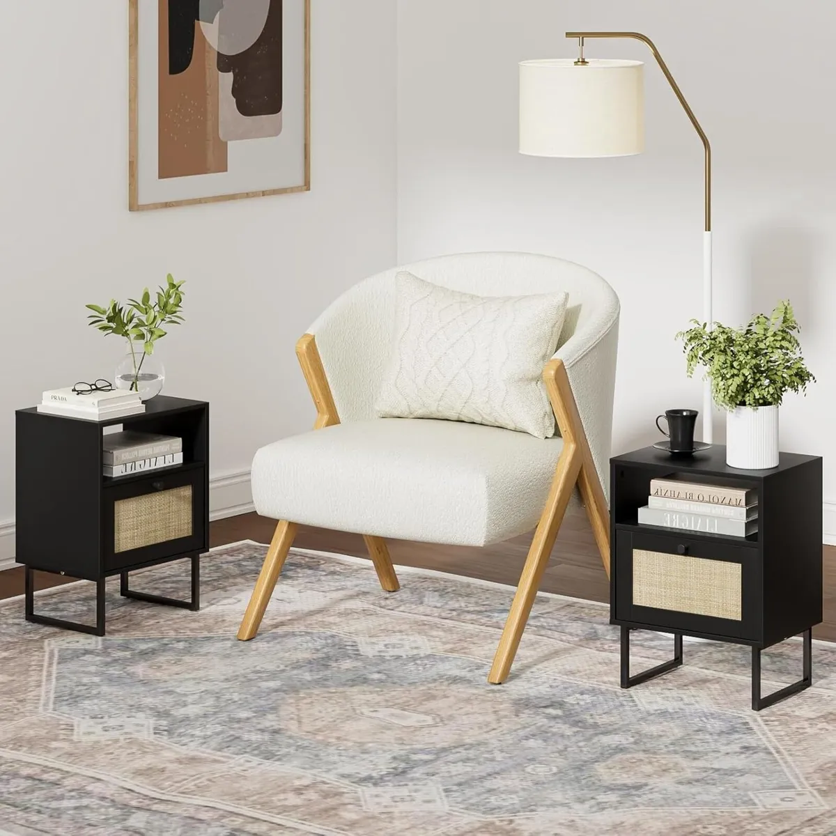 Rattan Bedside Table Modern Boho Farmhouse Wood - Image 4