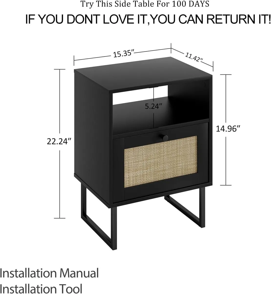 Rattan Bedside Table Modern Boho Farmhouse Wood - Image 2