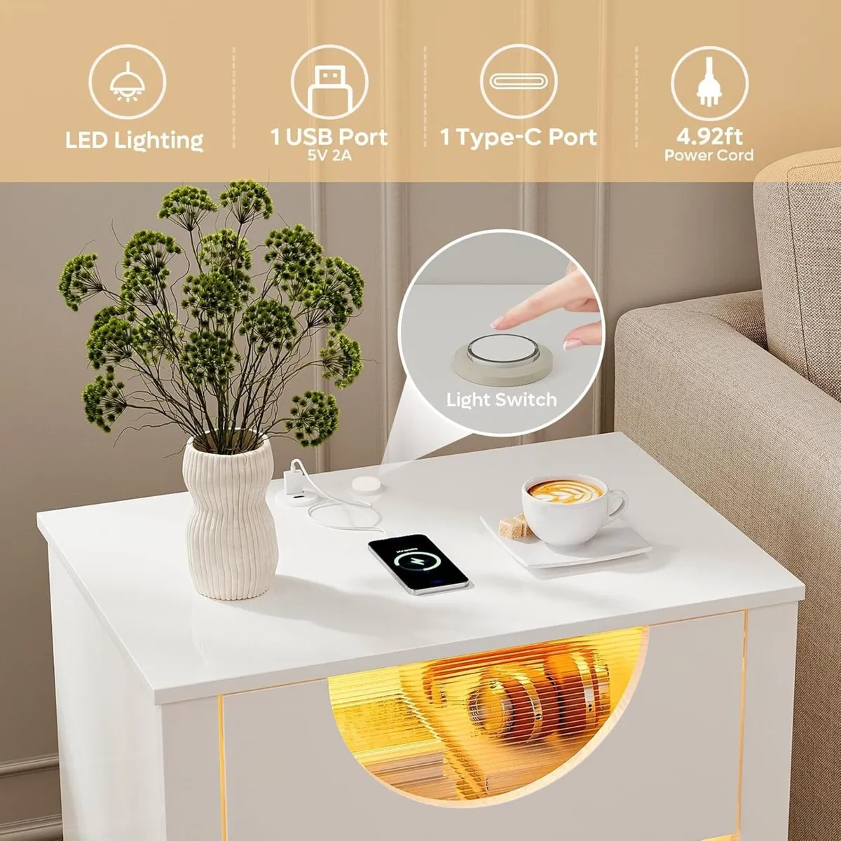 Bedside Table with LED Light USB Port TypeC - Image 4