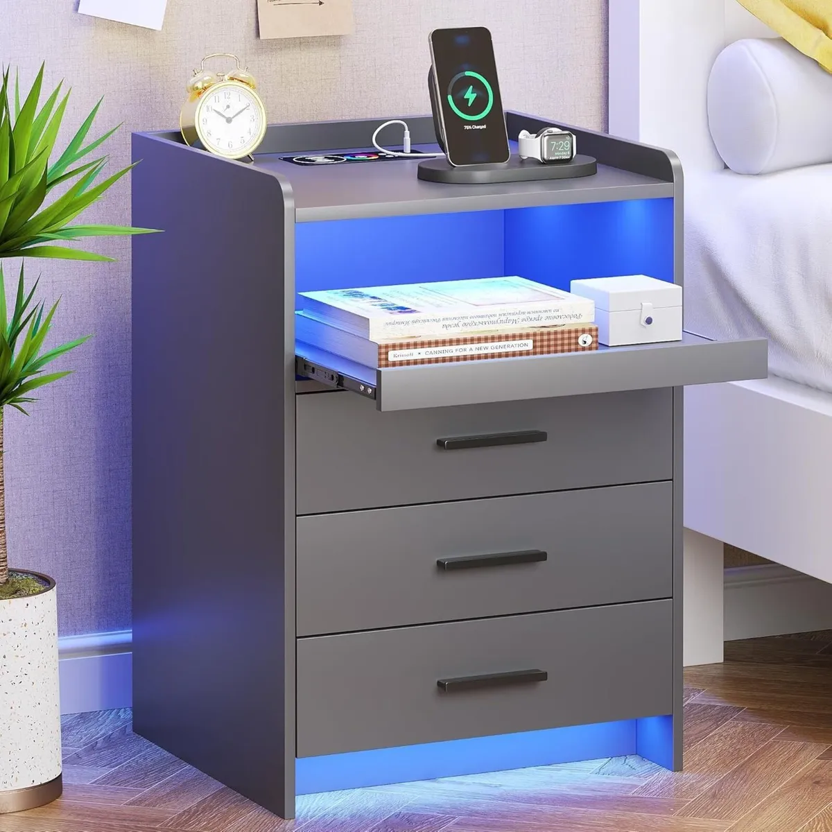 Grey Bedside Table with Charging Station and Led - Image 1