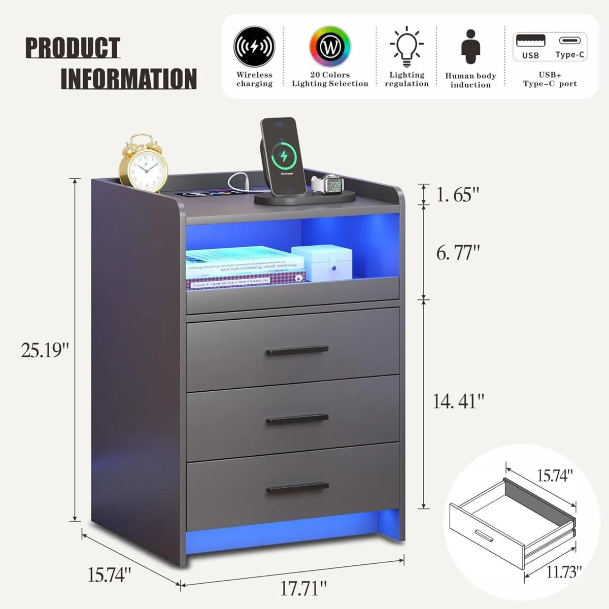 Grey Bedside Table with Charging Station and Led - Image 2
