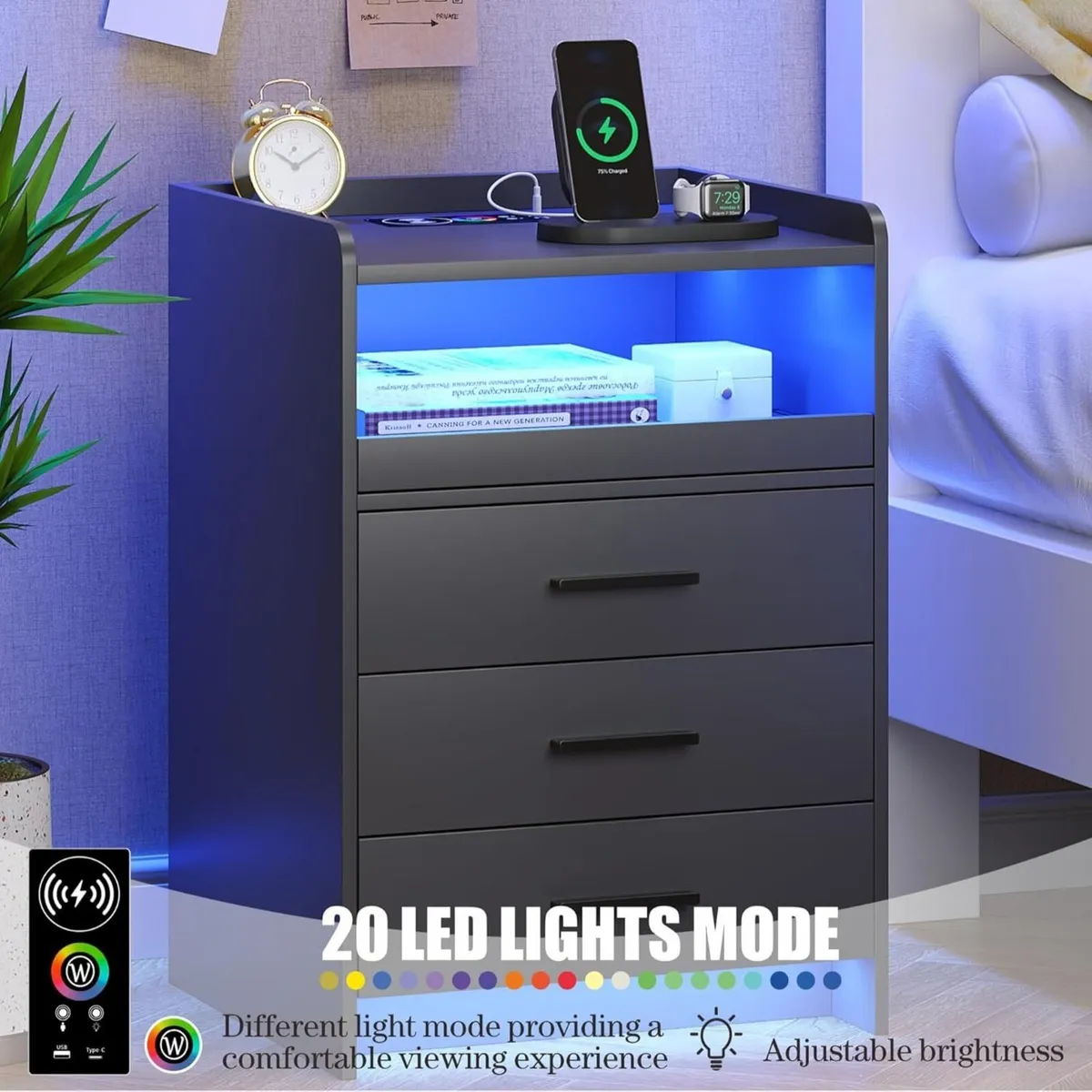 Grey Bedside Table with Charging Station and Led - Image 3