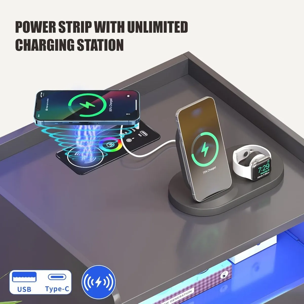 Grey Bedside Table with Charging Station and Led - Image 4