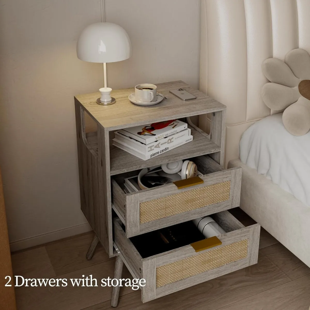 Rattan Bedside Table Farmhouse Nightstand with 2 - Image 3