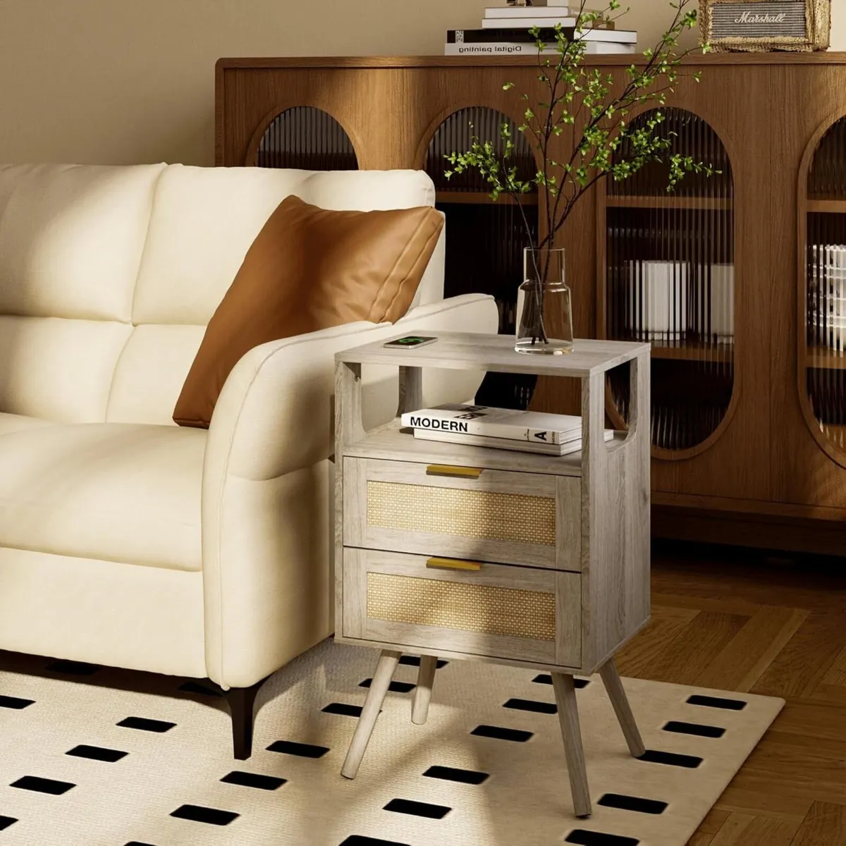 Rattan Bedside Table Farmhouse Nightstand with 2 - Image 4