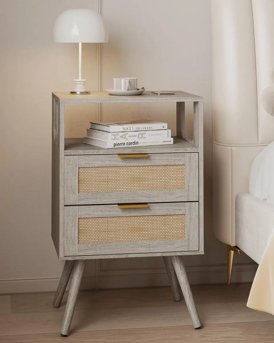 Rattan Bedside Table Farmhouse Nightstand with 2 - Image 1