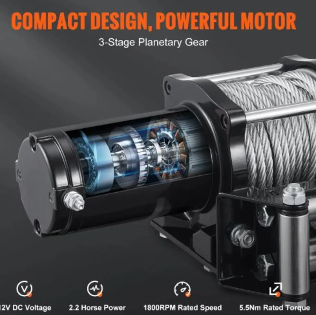 Electric Winch, 12V 4500 lb Load Capacity Steel - Image 2