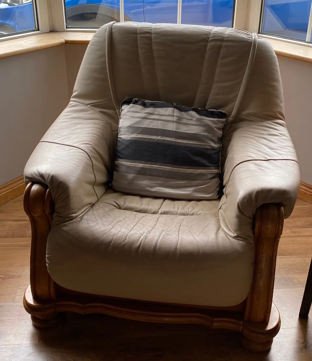 Cream Leather with Oak Frame 3 2 1 Suite - Image 2