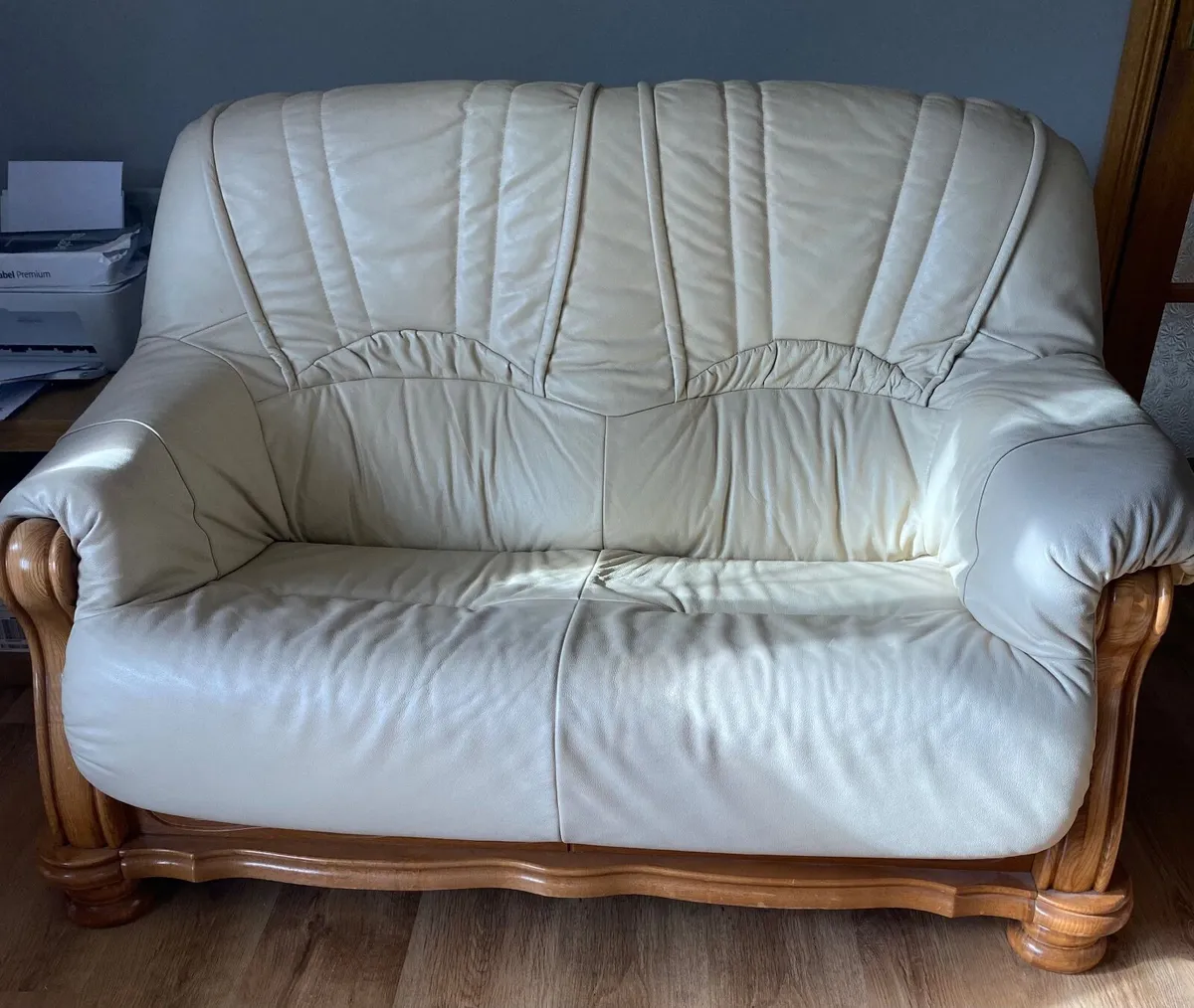 Cream Leather with Oak Frame 3 2 1 Suite - Image 4