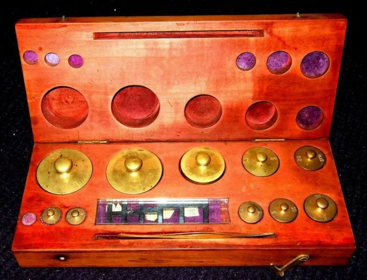 Vintage Apothecary Brass Weights In Wooden Case - Image 1