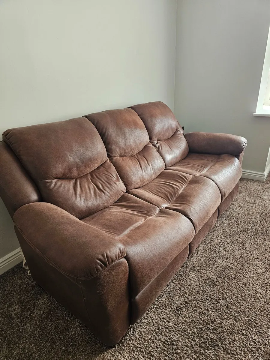 2 Brown Recliner Armchairs + 3-Seater Sofa – Excel - Image 1