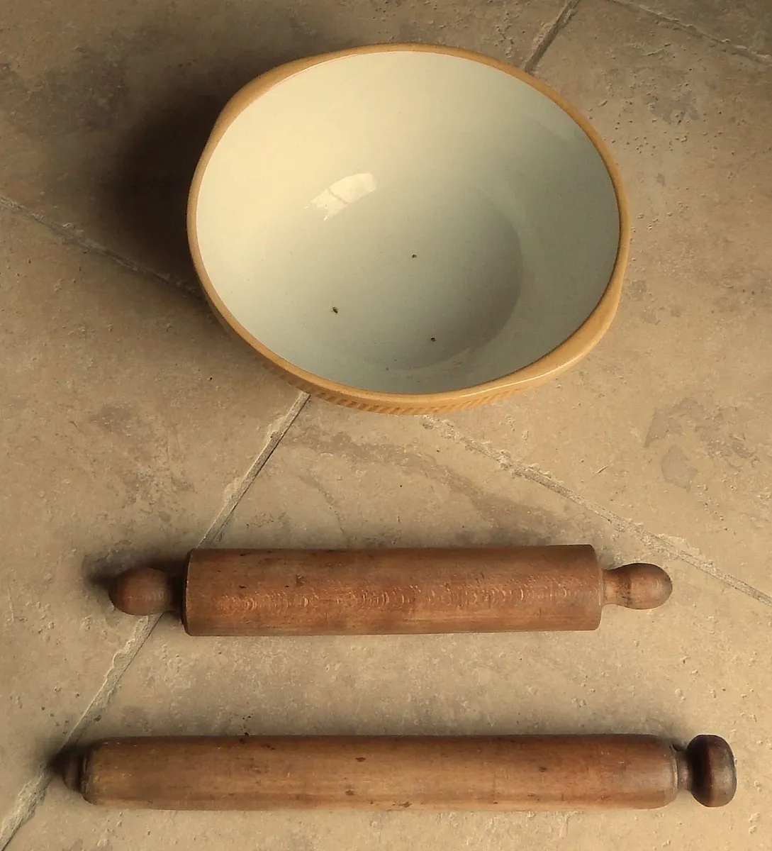 Vintage Wooden Rolling Pins & Ceramic Baking Bowl - Image 2