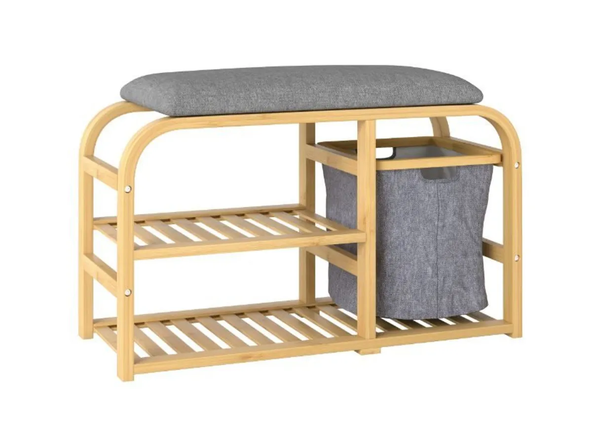 Shoe Bench with Cushion, 2 Slatted Shelves - Image 1