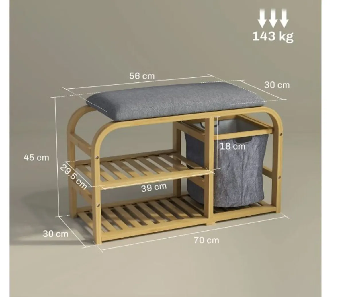 Shoe Bench with Cushion, 2 Slatted Shelves - Image 4