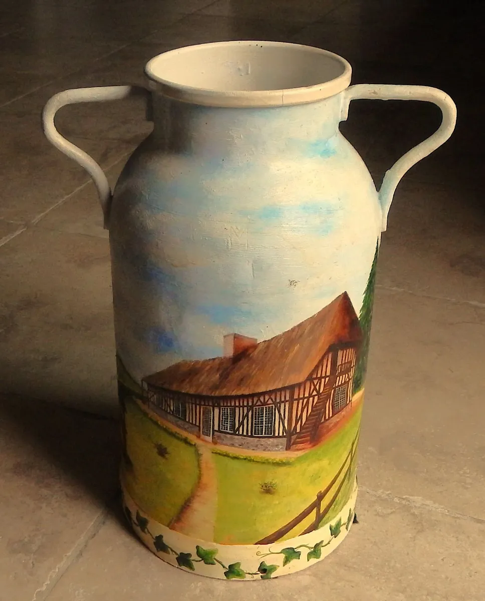 Signed Hand Painted Metal Churn - Image 1
