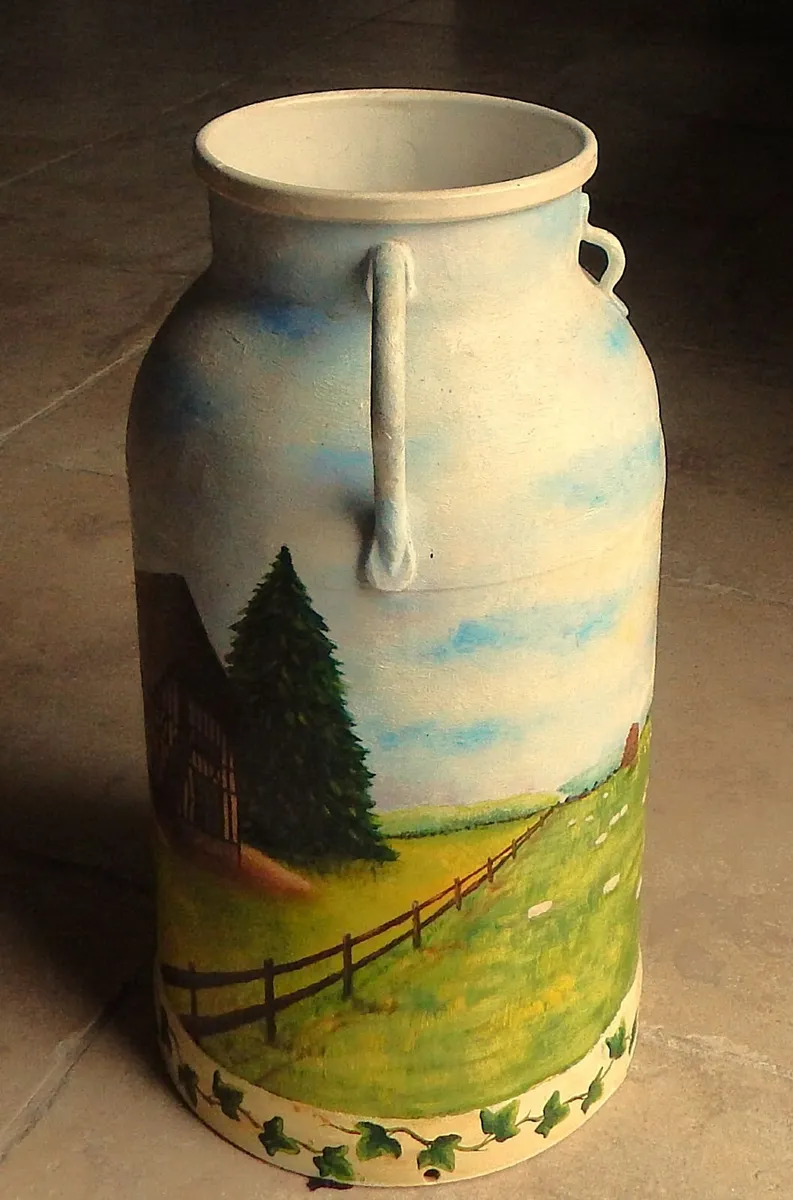 Signed Hand Painted Metal Churn - Image 2