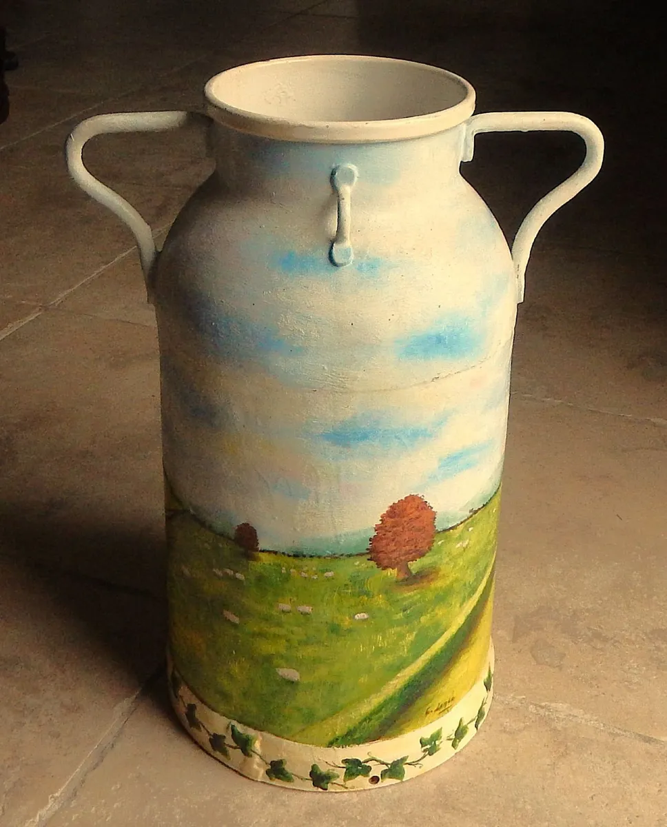 Signed Hand Painted Metal Churn - Image 3