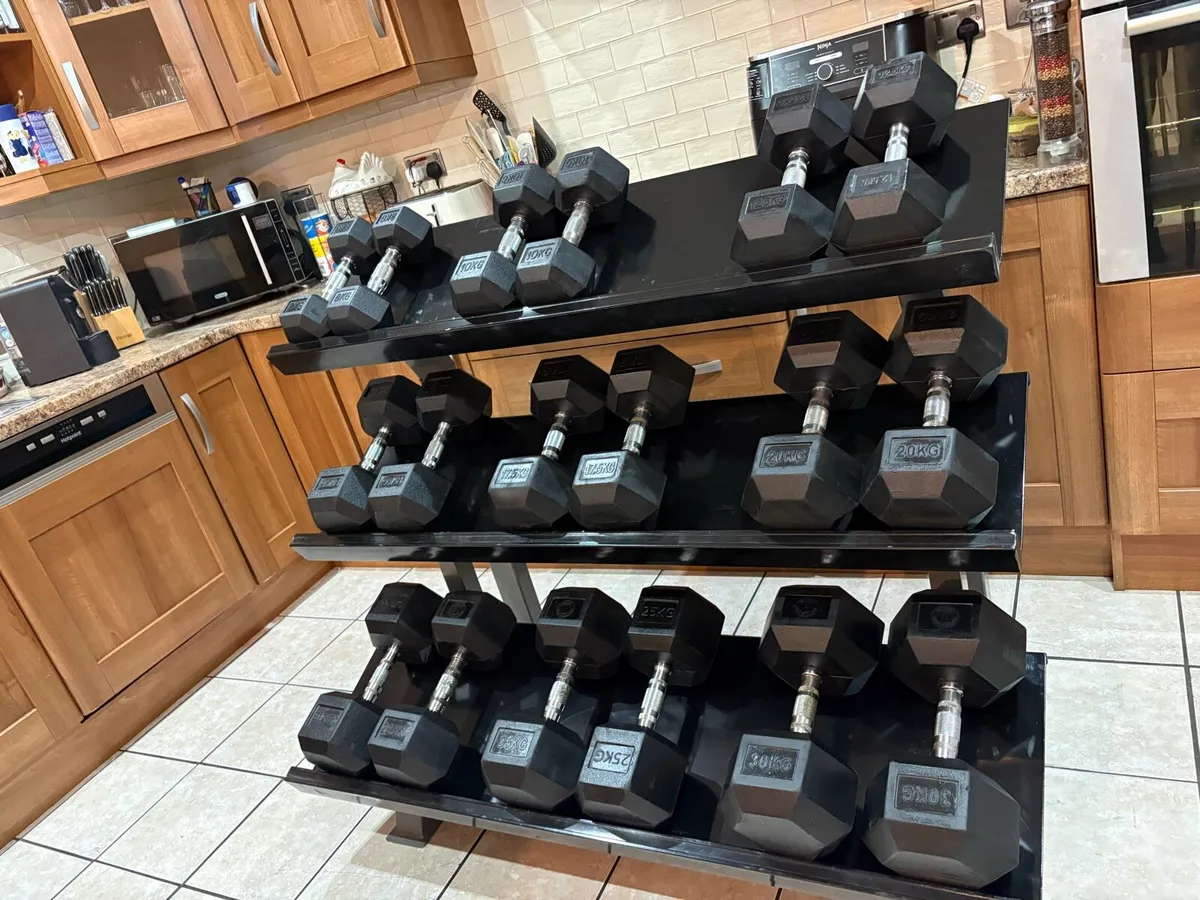 RUBBER HEX DUMBBELL COLLECTION + HEAVY STAND!!! - Image 1