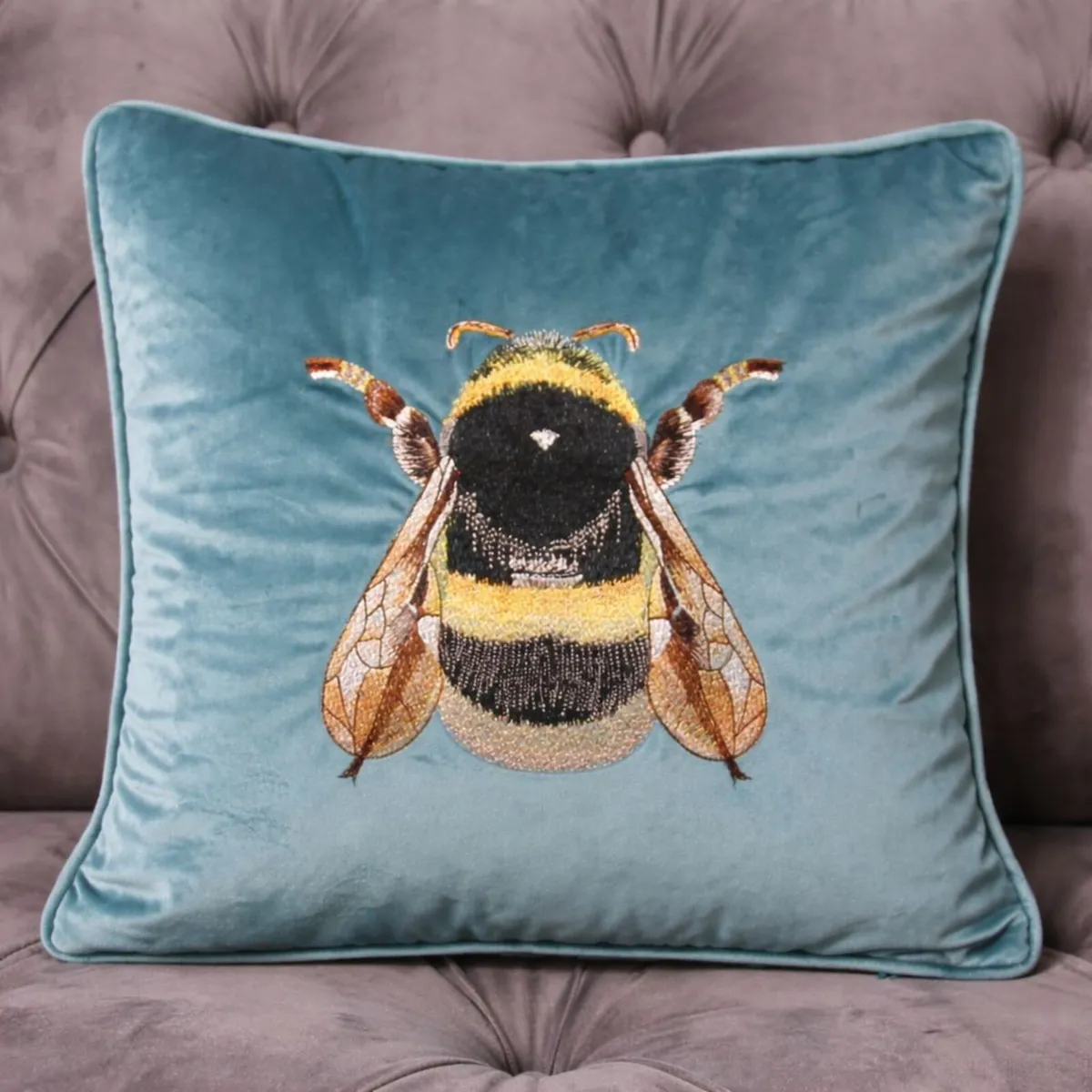Pair of Embroidered Bee Velvet Cushions – 38x38cm - Image 1