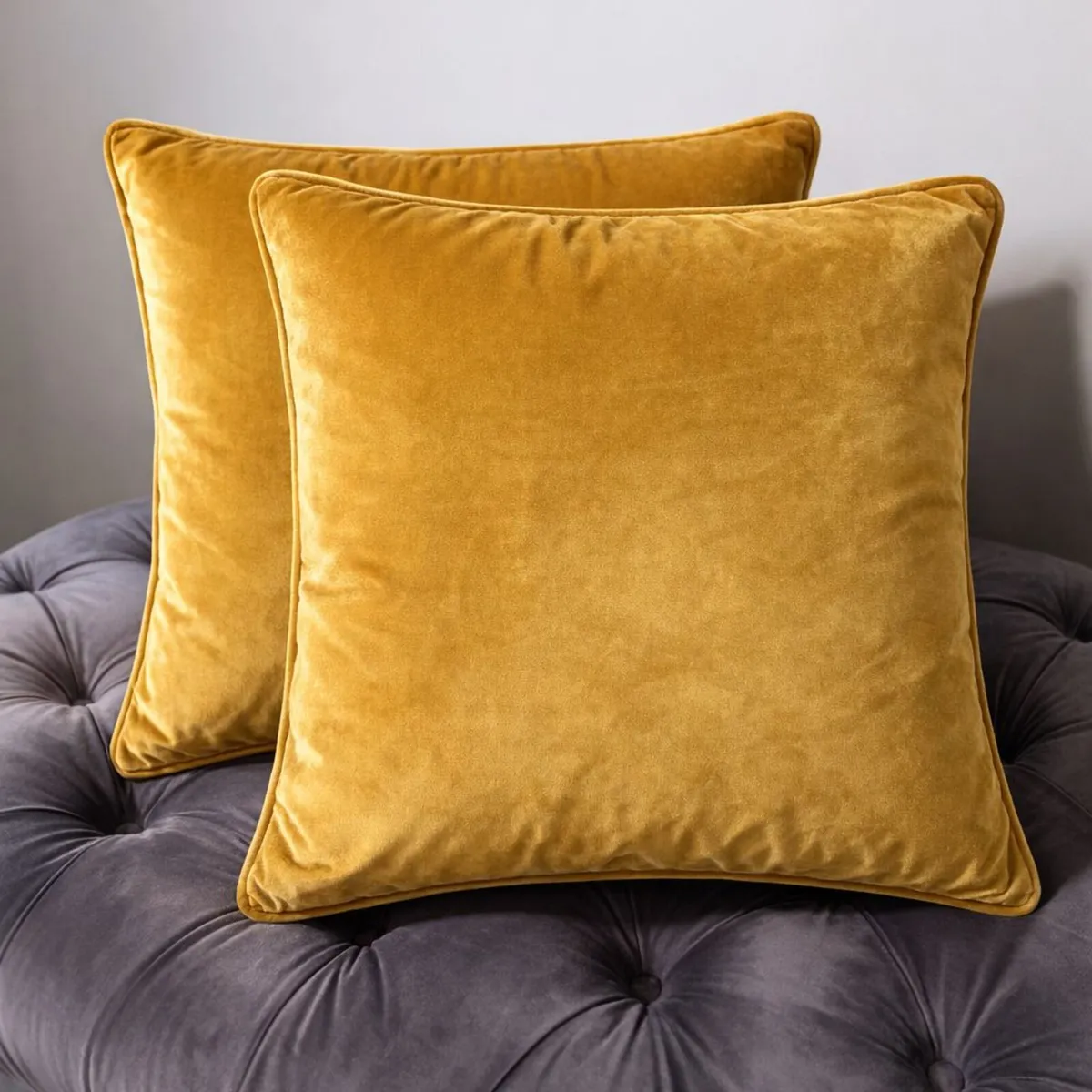 Pair of 55x55cm Velvet Cushions – Mustard Yellow