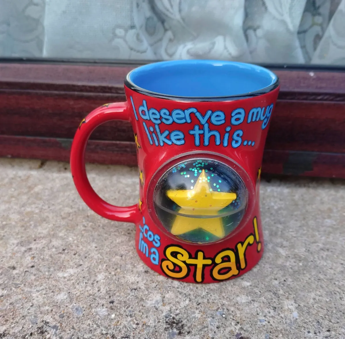 Red mug & a glued together cup & saucer (used). - Image 1