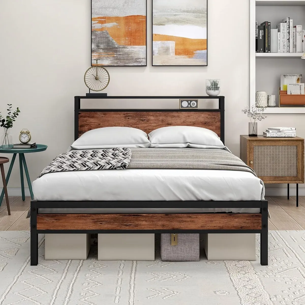 Double Bed Frame with Storage Wooden Headboard - Image 1