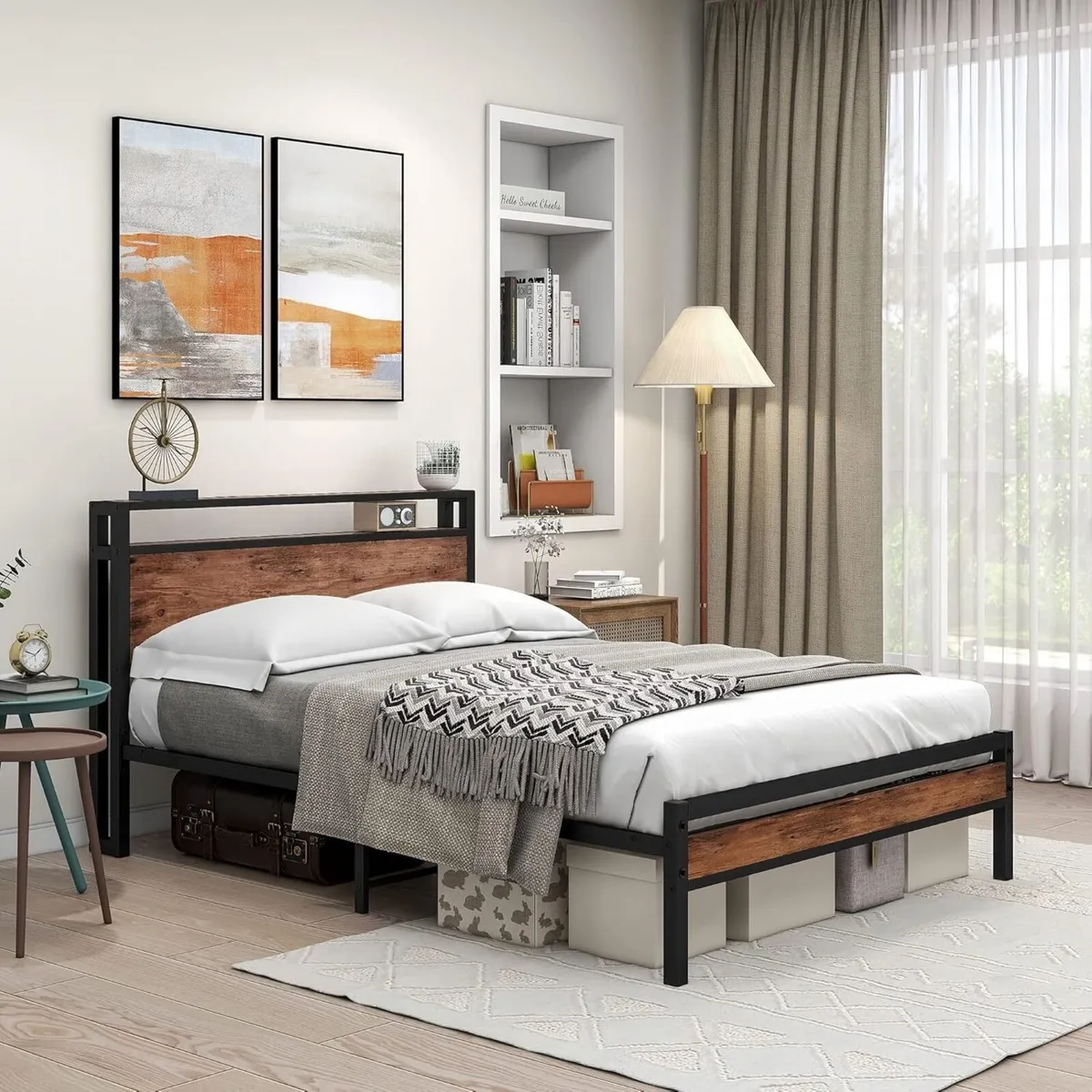 Double Bed Frame with Storage Wooden Headboard - Image 3